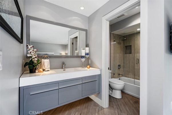 Bathroom, Glass Shower, Interior, Recessed Lighting, Wood Texture Flooring