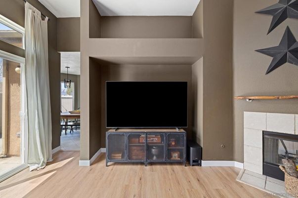 Fireplace, Interior, Pendant Lights, Wood Texture Flooring