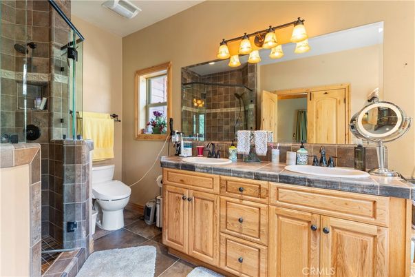 Bathroom, Dual Sink Vanities, Glass Shower, Interior, Tile Countertops
