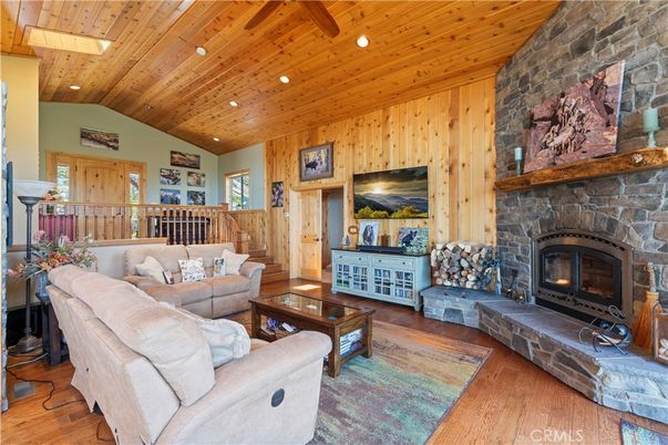 Fireplace, Interior, Living room, Recessed Lighting, Stone Walls, Wooden Beams, Wooden Ceilings, Wood Texture Flooring, Wooden Walls