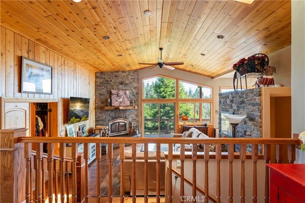 Fireplace, Interior, Recessed Lighting, Stone Walls, Wooden Ceilings, Wood Texture Flooring