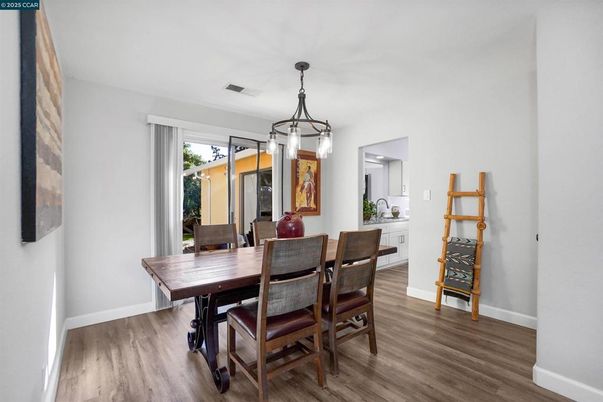 Dining room, Interior, Pendant Lights, Wood Texture Flooring