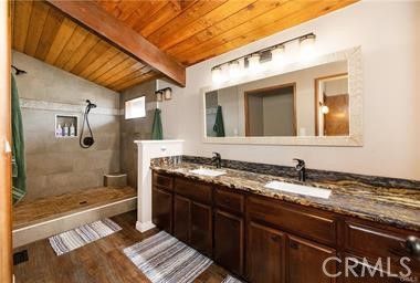 Bathroom, Dual Sink Vanities, Interior, Wooden Beams, Wooden Ceilings, Wood Texture Flooring