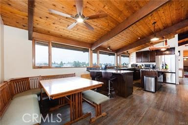 Dining room, Interior, Kitchen, Pendant Lights, Stainless Steel Appliances, Wooden Beams, Wooden Ceilings, Wood Texture Flooring