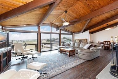 Dining room, Interior, Living room, Pendant Lights, Water, Wooden Beams, Wooden Ceilings, Wood Texture Flooring