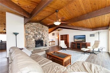 Fireplace, Interior, Living room, Recessed Lighting, Stone Walls, Wooden Beams, Wooden Ceilings, Wood Texture Flooring