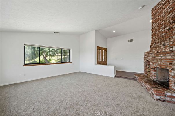 Empty room, Fireplace, Interior, Recessed Lighting, Stone Walls