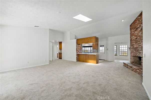 Empty room, Fireplace, Interior, Kitchen, Recessed Lighting, Stone Walls