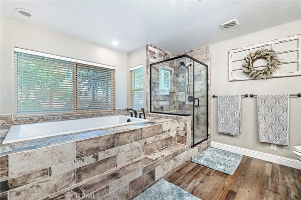 Bathroom, Glass Shower, Interior, Recessed Lighting, Wood Texture Flooring