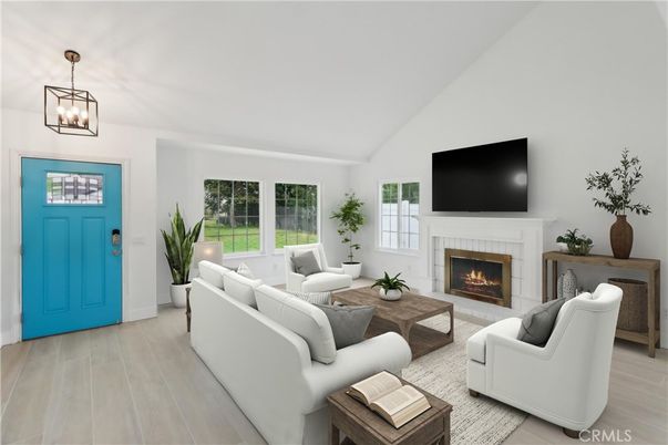 Fireplace, Interior, Living room, Pendant Lights, Wood Texture Flooring