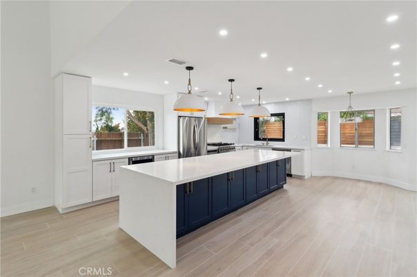 Interior, Kitchen, Pendant Lights, Recessed Lighting, Stainless Steel Appliances, Wood Texture Flooring