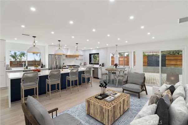 Dining room, Interior, Kitchen, Living room, Pendant Lights, Recessed Lighting, Stainless Steel Appliances, Wood Texture Flooring