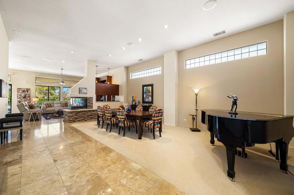 Dining room, Fireplace, Interior, Living room, Pendant Lights, Piano, Recessed Lighting