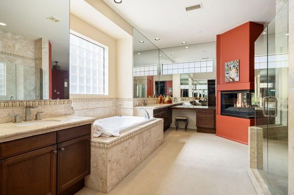 Bathroom, Dual Sink Vanities, Fireplace, Glass Shower, Interior, Recessed Lighting