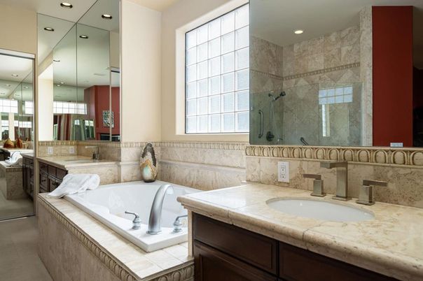 Bathroom, Dual Sink Vanities, Interior, Recessed Lighting, Tile Countertops