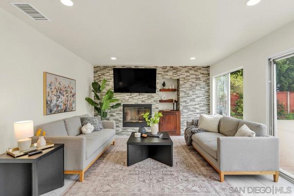 Fireplace, Interior, Living room, Recessed Lighting, Stone Walls