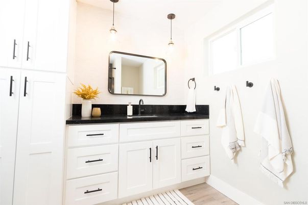 Bathroom, Dual Sink Vanities, Interior, Pendant Lights, Wood Texture Flooring