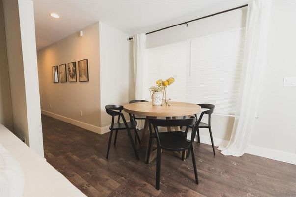 Dining room, Interior, Recessed Lighting, Wood Texture Flooring