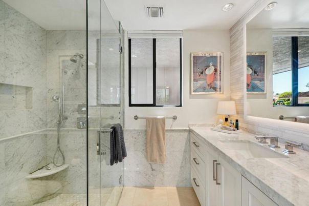 Bathroom, Glass Shower, Interior, Marble Walls, Recessed Lighting