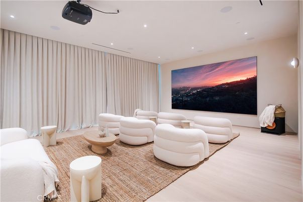 Interior, Projection Screen, Recessed Lighting, Theatre Room, Wood Texture Flooring