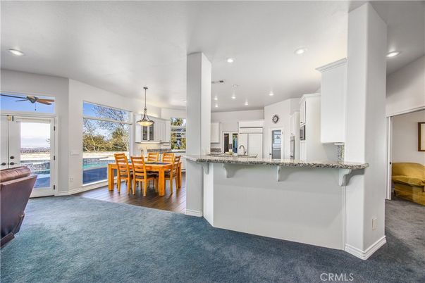 Dining room, Interior, Kitchen, Pendant Lights, Recessed Lighting, Wood Texture Flooring