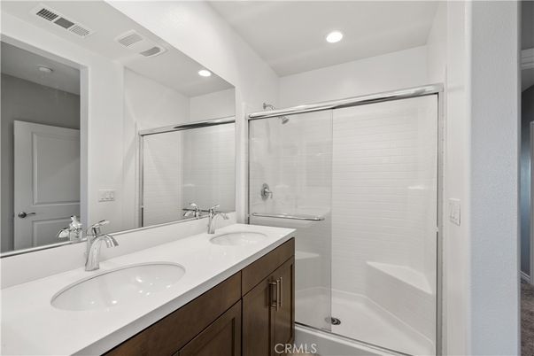 Bathroom, Dual Sink Vanities, Glass Shower, Interior, Recessed Lighting