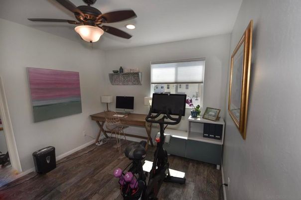 Fitness Equipment, Home Office, Interior, Recessed Lighting, Wood Texture Flooring