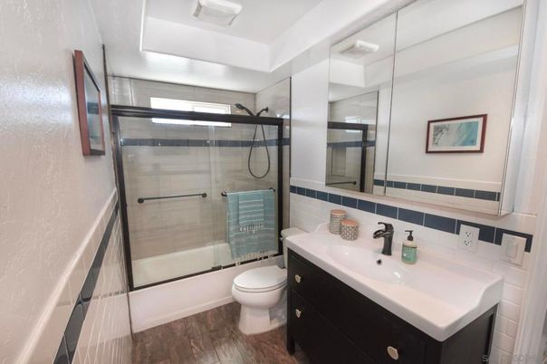 Bathroom, Glass Shower, Interior, Wood Texture Flooring