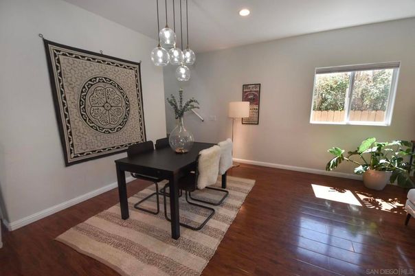 Dining room, Interior, Pendant Lights, Recessed Lighting, Wood Texture Flooring