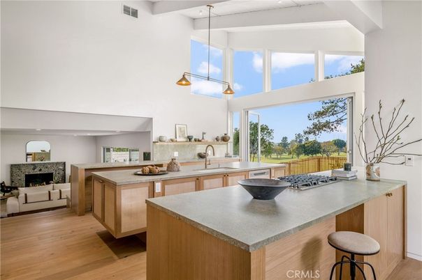 Fireplace, Interior, Kitchen, Pendant Lights, Wood Texture Flooring