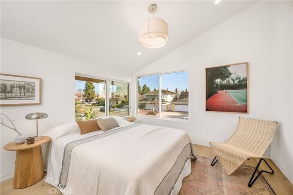 Bedroom, Interior, Pendant Lights, Recessed Lighting, Wood Texture Flooring