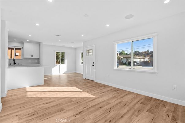 Empty room, Interior, Kitchen, Recessed Lighting, Wood Texture Flooring