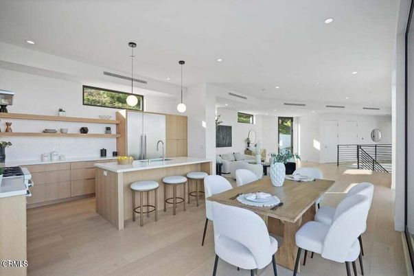 Dining room, Interior, Kitchen, Pendant Lights, Recessed Lighting, Wood Texture Flooring