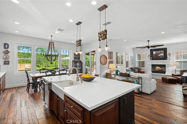 Dining room, Fireplace, Interior, Kitchen, Living room, Pendant Lights, Recessed Lighting, Wood Texture Flooring