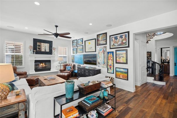 Fireplace, Interior, Living room, Recessed Lighting, Wood Texture Flooring