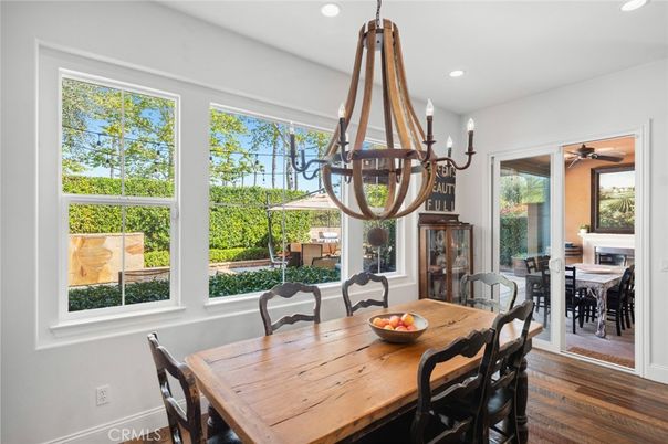Dining room, Interior, Pendant Lights, Recessed Lighting, Wood Texture Flooring