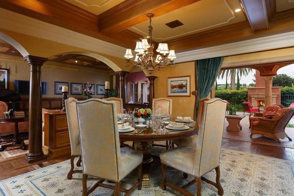 Chandelier, Dining room, Interior, Recessed Lighting, Wooden Beams, Wood Texture Flooring