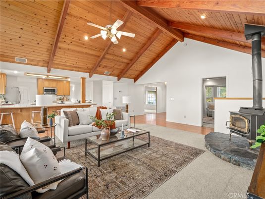 Fireplace, Interior, Kitchen, Living room, Recessed Lighting, Stainless Steel Appliances, Wooden Beams, Wooden Ceilings, Wood Texture Flooring