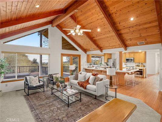 Interior, Kitchen, Living room, Recessed Lighting, Stainless Steel Appliances, Wooden Beams, Wooden Ceilings, Wood Texture Flooring