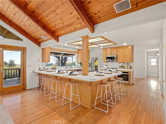 Interior, Kitchen, Recessed Lighting, Tile Countertops, Wooden Beams, Wooden Ceilings, Wood Texture Flooring