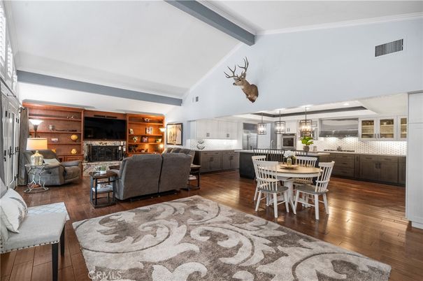 Dining room, Interior, Kitchen, Living room, Pendant Lights, Wood Texture Flooring