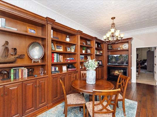 Chandelier, Dining room, Fireplace, Interior, Wood Texture Flooring