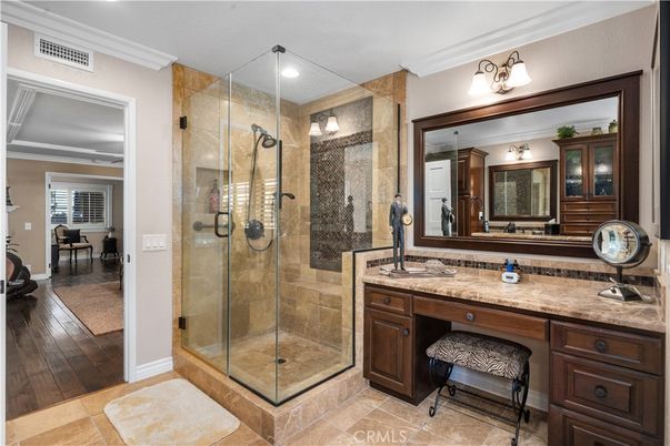 Bathroom, Glass Shower, Interior, Recessed Lighting, Wood Texture Flooring