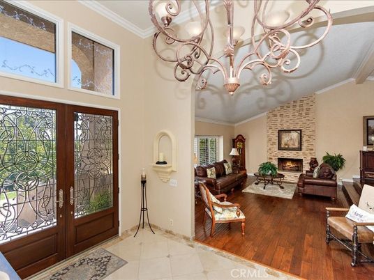 Chandelier, Fireplace, Interior, Living room, Stone Walls, Wood Texture Flooring
