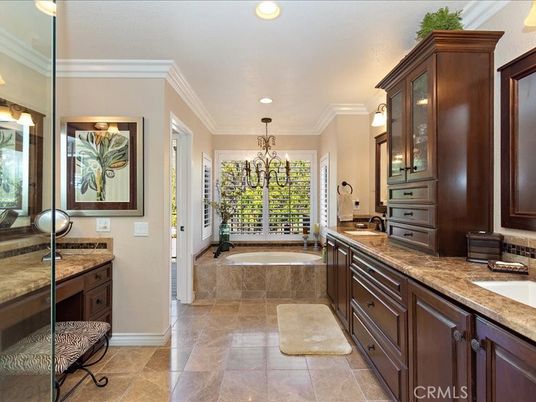 Bathroom, Chandelier, Dual Sink Vanities, Interior, Recessed Lighting