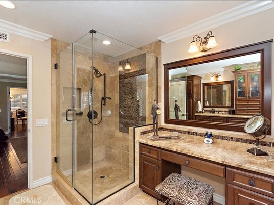 Bathroom, Glass Shower, Interior, Recessed Lighting, Wood Texture Flooring