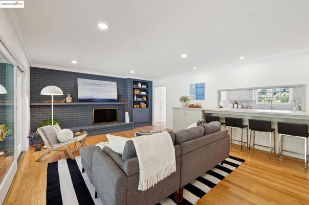 Fireplace, Interior, Kitchen, Living room, Recessed Lighting, Stone Walls, Wood Texture Flooring