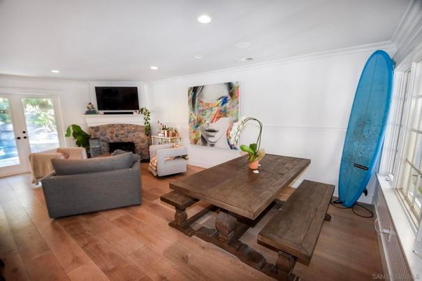 Dining room, Fireplace, Interior, Living room, Recessed Lighting, Wood Texture Flooring