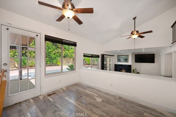 Empty room, Fireplace, Interior, Recessed Lighting, Wood Texture Flooring