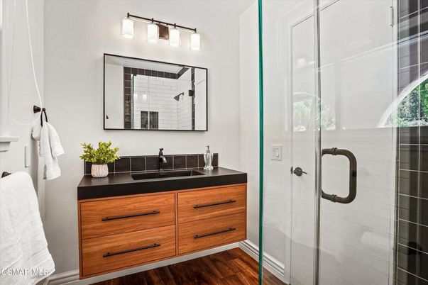 Bathroom, Glass Shower, Interior, Wood Texture Flooring